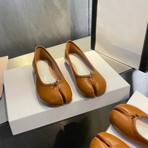 lTJSluxury designer split toe low heels shoes woman bowtie mules leather moccasins Japanese style round heel