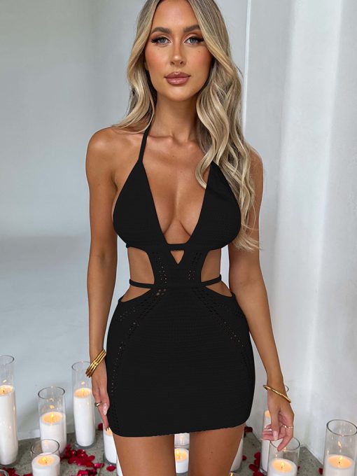 lo0YMozision Hollow Out Halter Sexy Mini Dress Women Summer New Sleeveless Backless Skinny Club Party Knit