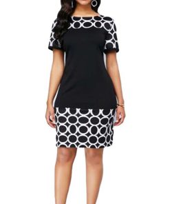 mGAU2022 Summer Women Elegant Patchwork Geometric Print Office Party Dress For Ladies Black Casual Short Sleeve