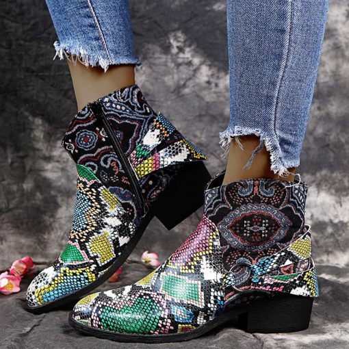 mXHvWinter Boots For Women ankle boots popular Retro Green snake pattern mixed colors flat wedge shoes