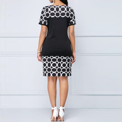 ngm02022 Summer Women Elegant Patchwork Geometric Print Office Party Dress For Ladies Black Casual Short Sleeve