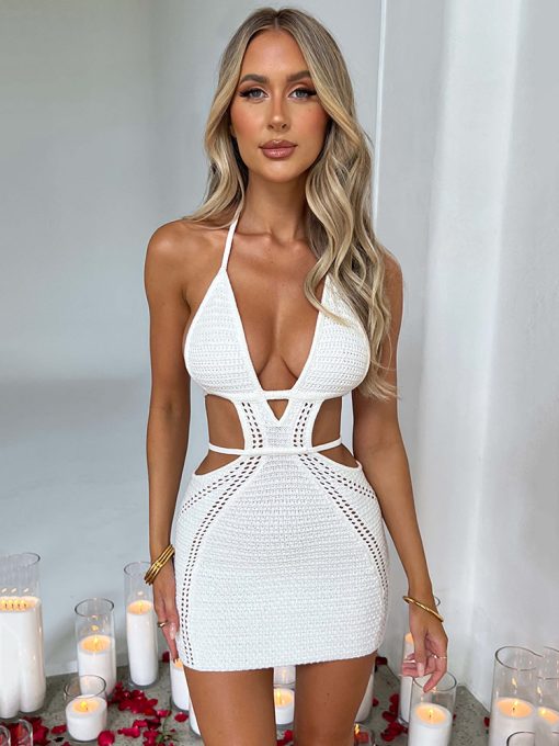 nhzuMozision Hollow Out Halter Sexy Mini Dress Women Summer New Sleeveless Backless Skinny Club Party Knit