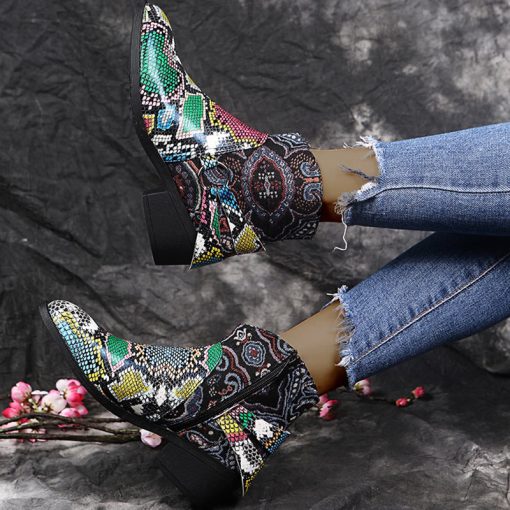 pNjRWinter Boots For Women ankle boots popular Retro Green snake pattern mixed colors flat wedge shoes