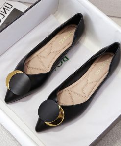 q4bGFlats Shoes Women Pointed Toe Soft leather Black Beige Lady Fashion Flats Round buckle Flat Sole