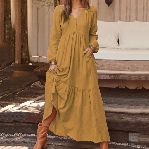 q52zAutumn Women Dress Fashion Vintage Buttons Party Dress Casual Solid Long Sleeve V neck A Line