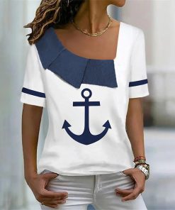 rYOnSummer Women T Shirt Boat Anchor Print Fashion V Neck Short Sleeve Tees Tops Pullover Women
