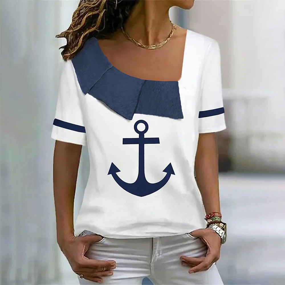 rYOnSummer Women T Shirt Boat Anchor Print Fashion V Neck Short Sleeve Tees Tops Pullover Women