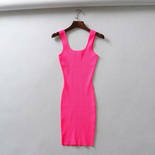 rtp72022 Summer Pink Neon Green Dress Women Ribbed Fluorescence Knit Bodycon Dress Tank Beach Casual Mini