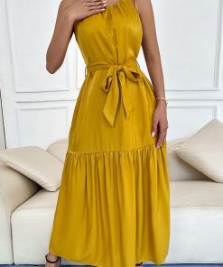 rwskElegant Midi Dress For Women 2022 New O Neck Sleeveless Solid Dress Women Holiday Casual Summer