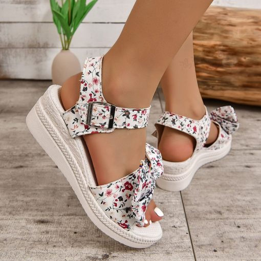sau2Women Fashion Floral Print Bowknot Sandals Buckle Strap Platform Wedge Sandals Woman Summer 2023 Thick Sole