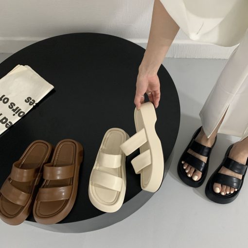 sjhzWomen Solid Color PU Leather Platform Slippers Woman Summer Casual Beach Sandals BC4142
