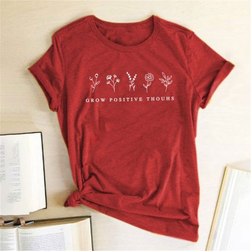 ssQBGrow Positive Thoughts Flowers Printed T shirts Women Clothing Summer Tshirts Cotton Women Harajuku Graphic Shirt
