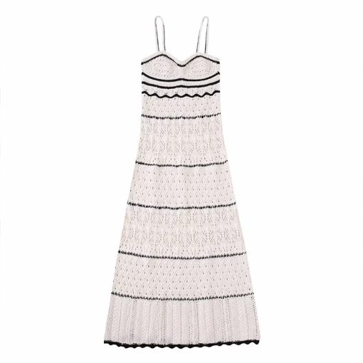 t7XFTRAF 2023 Summer New Women s Beach Style Knitted Slim Fit Slim Strap Long Dress Solid