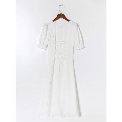 t91MSummer Dress 2021 Sweetheart Neck Short Puff Sleeve White Dress Women Elegant Vintage Evening Party Back
