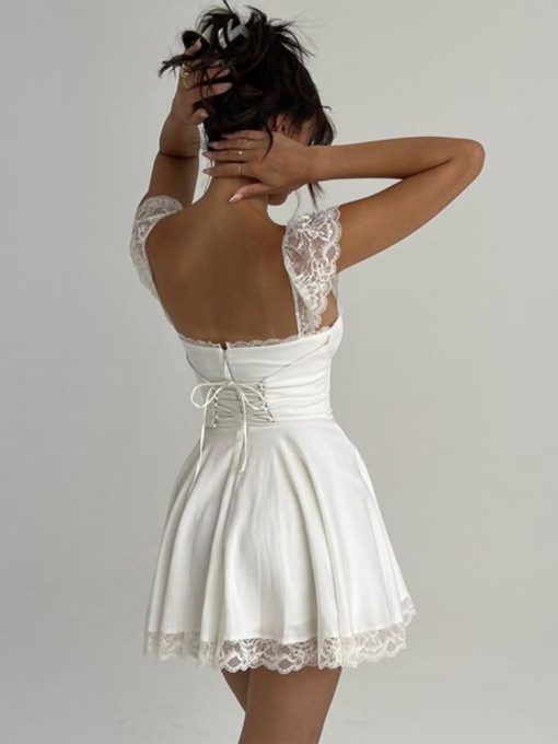 tOz1Mozision Elegant White Lace Strap Mini Dress For Women Fashion Sleeveless Backless Loose Sexy Short Dresses