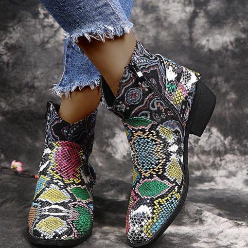 uRuDWinter Boots For Women ankle boots popular Retro Green snake pattern mixed colors flat wedge shoes