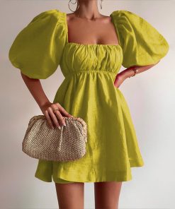 vkWRSummer Fashion Cotton Linen Solid Color A line Skirt Square Collar Lantern Sleeves Mini Dress Spring