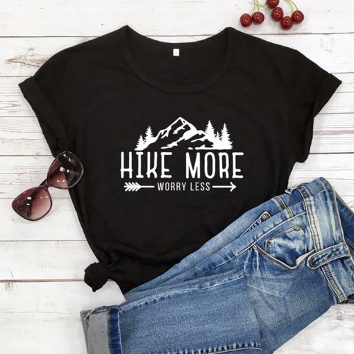wUGXHike More Worry Less T shirt Casual Unisex Short Sleeve Graphic Hiking Outdoors Tees Tops Funny
