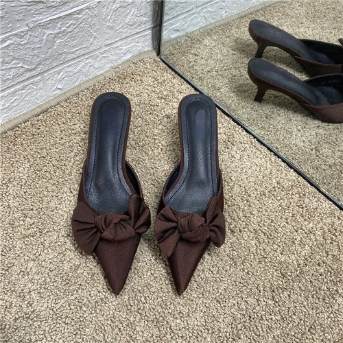 xLf8Half Slippers Women s Shoes 2021 Summer New Cat with Mid heel Pointed Bowknot Muller Stiletto
