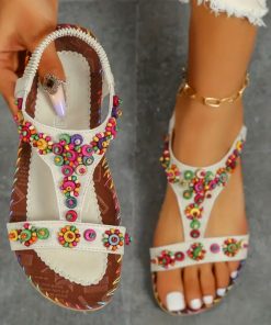 yH1SLucyever Beaded Flowers Flat Heeled Sandals Women Summer 2023 Plus Size Open Toe Bohemian Sandals Woman