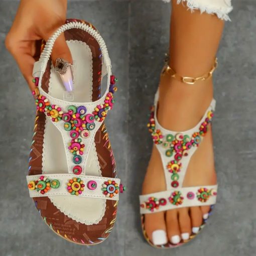 yH1SLucyever Beaded Flowers Flat Heeled Sandals Women Summer 2023 Plus Size Open Toe Bohemian Sandals Woman