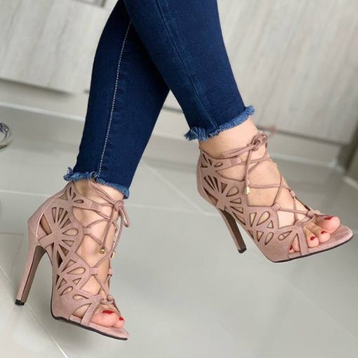 yNuW2021 Fashion Women High Heels Sandals Pumps Sexy Hollow Lace Up Cross Tied Females Summer Sandals