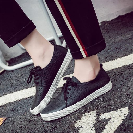 89OmWhite Shoes Women Sneakers Summer 2022 Spring Breathable Holes Solid Color Female Black Shoes Leather Chaussure