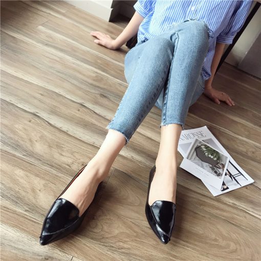 8AmDWomen Flats Basic Style Pointed Toe Pu Leather Solid Color OL Working Shoes Soft Sole Size