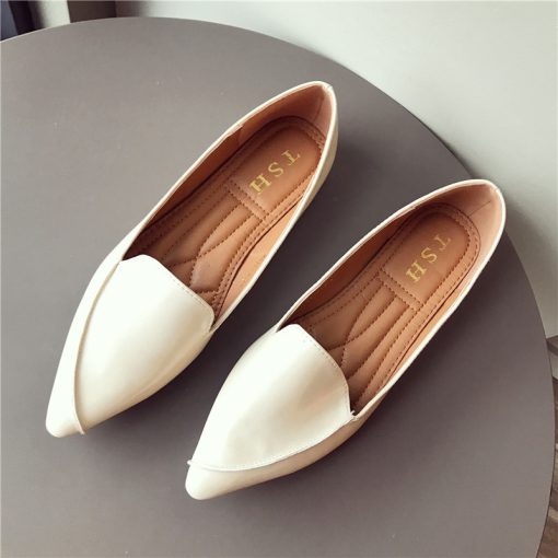 HOXhWomen Flats Basic Style Pointed Toe Pu Leather Solid Color OL Working Shoes Soft Sole Size