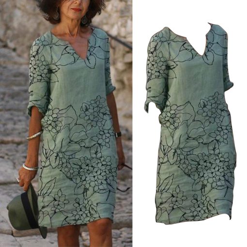 HuyLLoose Aesthetic Mini Dress Women Vintage Beach Sundress Floral Print Long Sleeve V Neck Dresses Loose
