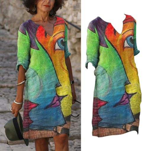 JPsGLoose Aesthetic Mini Dress Women Vintage Beach Sundress Floral Print Long Sleeve V Neck Dresses Loose