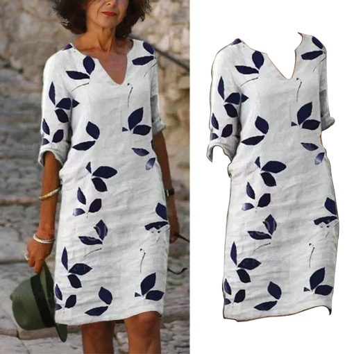 OAGmLoose Aesthetic Mini Dress Women Vintage Beach Sundress Floral Print Long Sleeve V Neck Dresses Loose