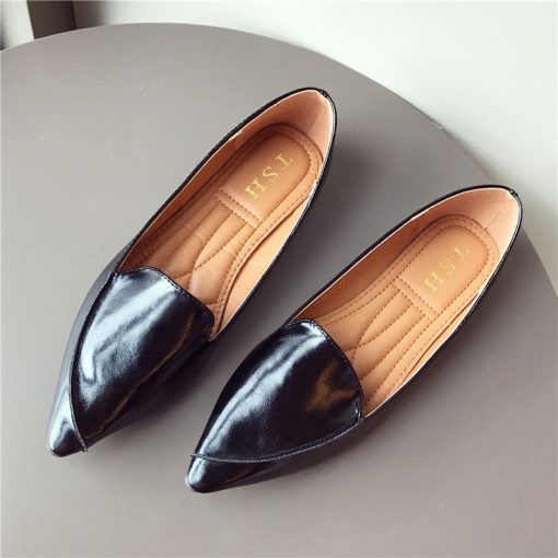 Pi2nWomen Flats Basic Style Pointed Toe Pu Leather Solid Color OL Working Shoes Soft Sole Size