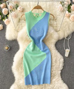 T7Q4Chic Print Sleeveless Bandage Bodycon Knit Dress Sexy Fashion Party Dress Women Summer Elegant Slim Casual