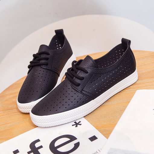 U6mEWhite Shoes Women Sneakers Summer 2022 Spring Breathable Holes Solid Color Female Black Shoes Leather Chaussure