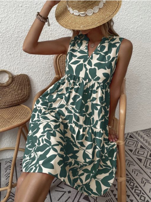 WjS5Print Women Summer Dress Sleeveless V Neck Chic and Elegant Woman Midi Boho Beach Dress Casual