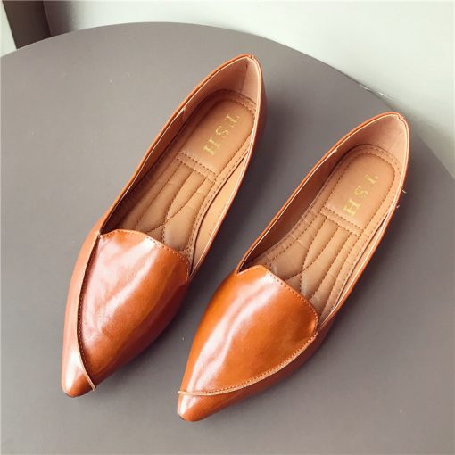 Z9lYWomen Flats Basic Style Pointed Toe Pu Leather Solid Color OL Working Shoes Soft Sole Size