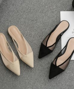 pAuJBaotou Half Slippers Women s Mesh Hollow out All match Fitting Shoes Suede Pointed Toe Lazy