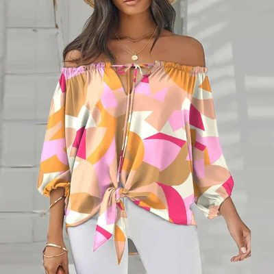 variantimage6Summer Fashion New Lace up Slash Neck Blouses Printed Casual Long Sleeve Pullover Sexy Off shoulder