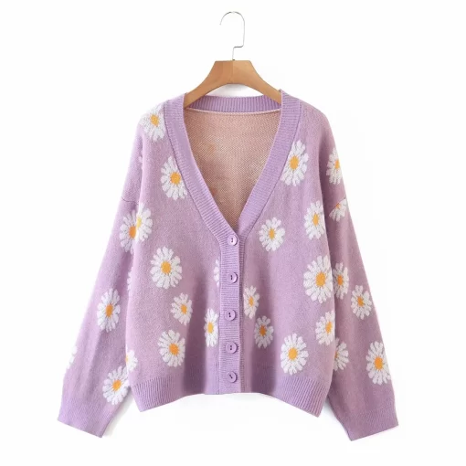 0VHSKpytomoa Femme Fashion Print Soft Sweater Ladies Full Sleeve Floral Single Little Daisy V Neck Pull