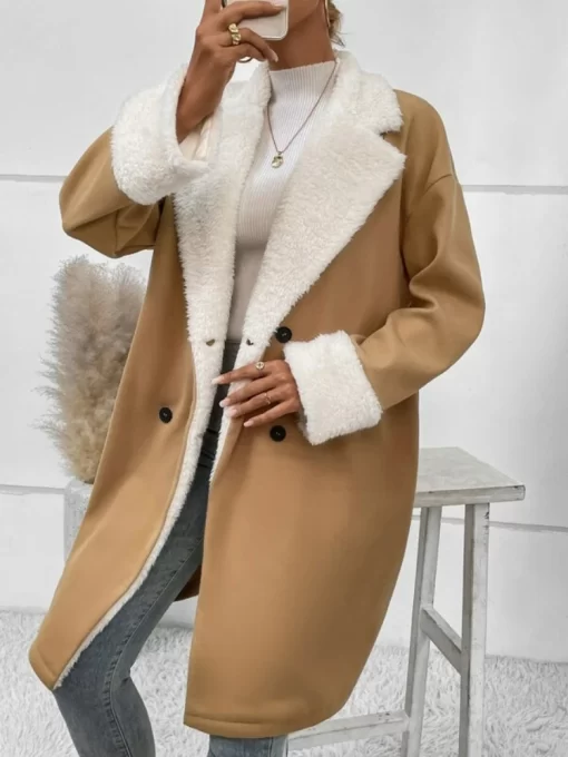 0kPwJackets for Women Winter Solid Polo Collar Double Breasted Casual Commuter Woolen Long Coat for Women