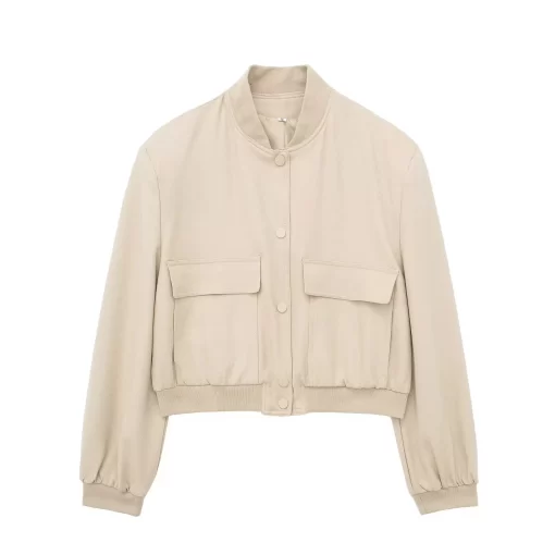 0o5NTRAF Vintage Solid Long Sleeve Bomber Jacket Spring Women Casual Coats Streetwear 2023 Female Elegant Lapel