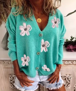 1jV3Women Cardigan Daisy Embroidery Knitted Sweater Single Breasted Full Sleeve V Neck Autumn Outwear Green Cardigan