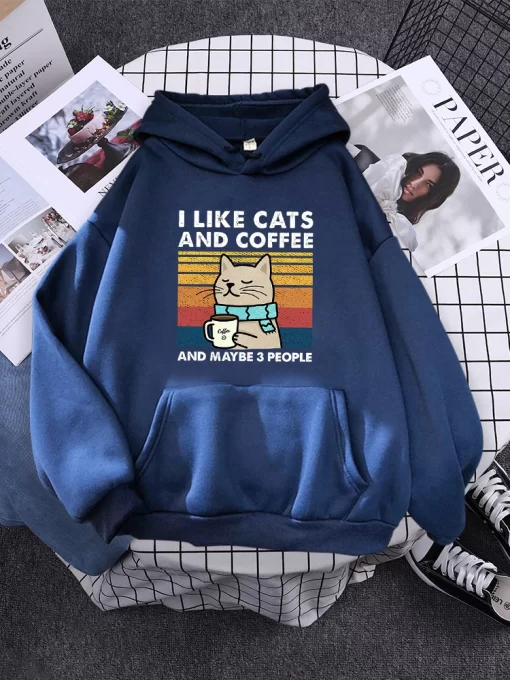 1tJqi like cats and coffee Printed Women Hoody Kpop Comfortable Tracksuit Solid Hooded Sportswear Personality Warm