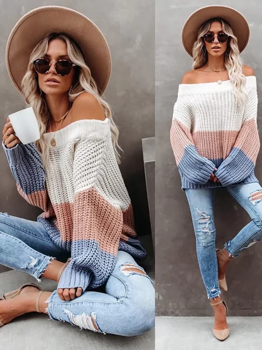 29SZFitshinling Off Shoulder Women s Oversize Sweater Patchwork Bohemian Pullover Knitted Jumper Holiday Slim Sweaters Women