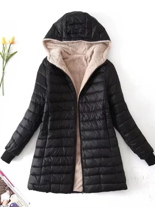 2P3yWomen s Jacket Winter New Mid Length Korean Edition Hooded Fit Plus Fleece Cotton Coat Warm