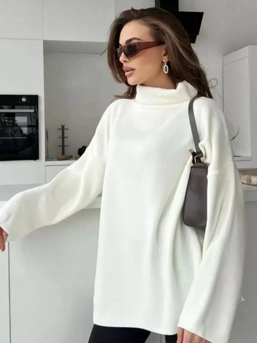 2RzxWinter Women s Oversize Sweater Turtleneck Black Long Sleeve Autumn White Pullover Vintage Soft Warm Knitted
