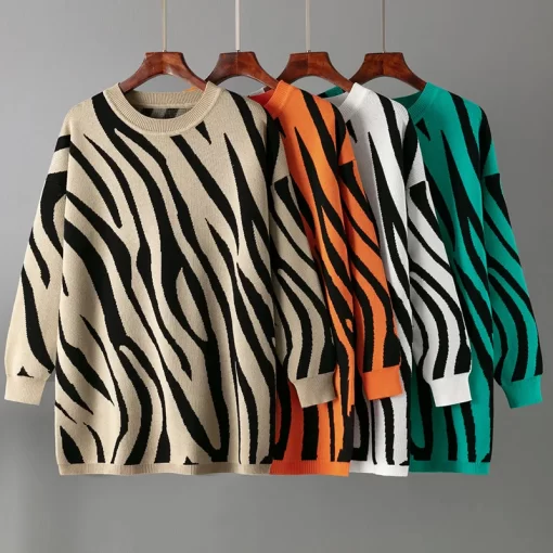 2h3PFashion Zebra Pattern Casual Sweater Women Pullovers Winter New Korean Knit Pullover Sweater O Neck Knit