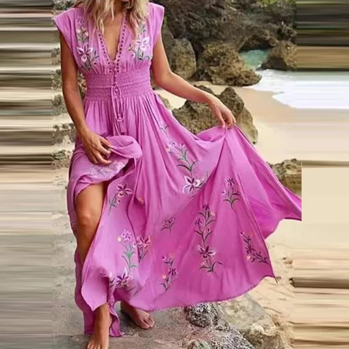 301vBohemian French Elegant V neck Print Midi Flying Sleeve Dress Women Vacation Beach Style Short Sleeve