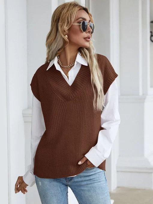 3VIRJIM NORA Women Soild Colour Sleeveless V Neck Loose Knit Sweater Vest Ladies Casual Autumn Pullover